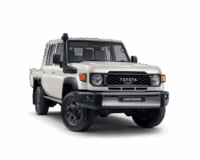 Armored Toyota Land Cruiser 79 in white, showcasing robust design and off-road capabilities, featured on Abronn FZE's armored vehicle product page.