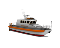 Boat ambulance designed for medical emergencies, featuring an orange and white color scheme, showcasing its role in emergency medical services.