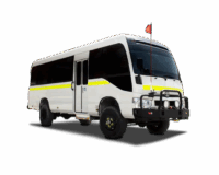 Coaster 4x4 mining vehicle with off-road capabilities, designed for rugged terrain, featuring a white exterior and safety markings, part of Abronn FZE's customized vehicle offerings.