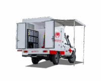 Mobile workshop vehicle with open doors, showcasing medical equipment and storage, branded with Abronn logo, designed for emergency and medical services.