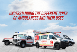 Different types of ambulances, including a rugged SUV, a van, and a larger vehicle, with the text "Understanding the Different Types of Ambulances and Their Uses" prominently displayed, relevant to customized vehicle solutions for healthcare and emergency services.